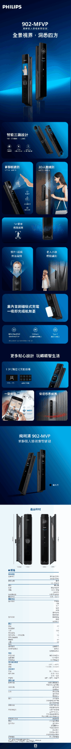 Philips飛利浦 DDL902-MFVP 掌靜脈人臉視像智能鎖曜石黑
